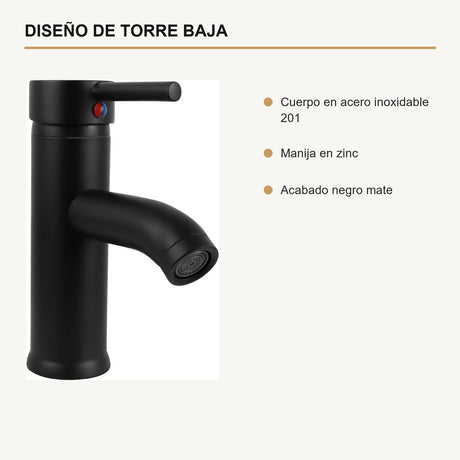 Mezclador de lavamanos de torre baja en acero inoxidable negro