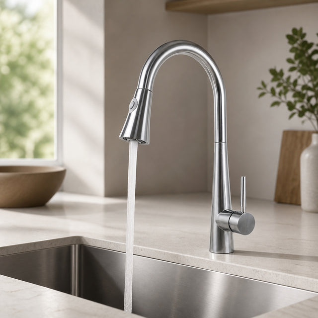 Mezclador extraíble de cocina funcionando en lavaplatos moderno