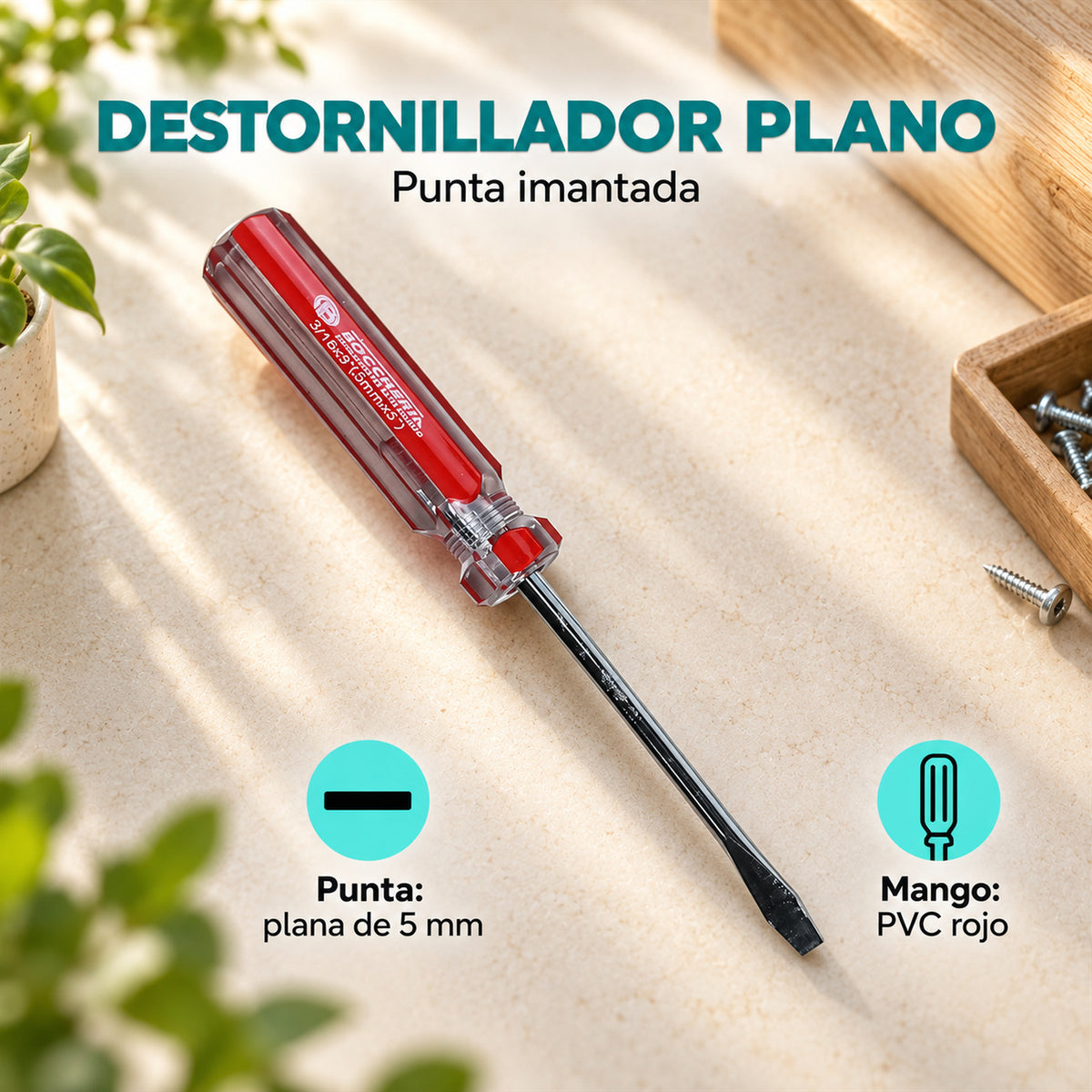 Características de Destornillador Plano de 5 mm con Mango Rojo
