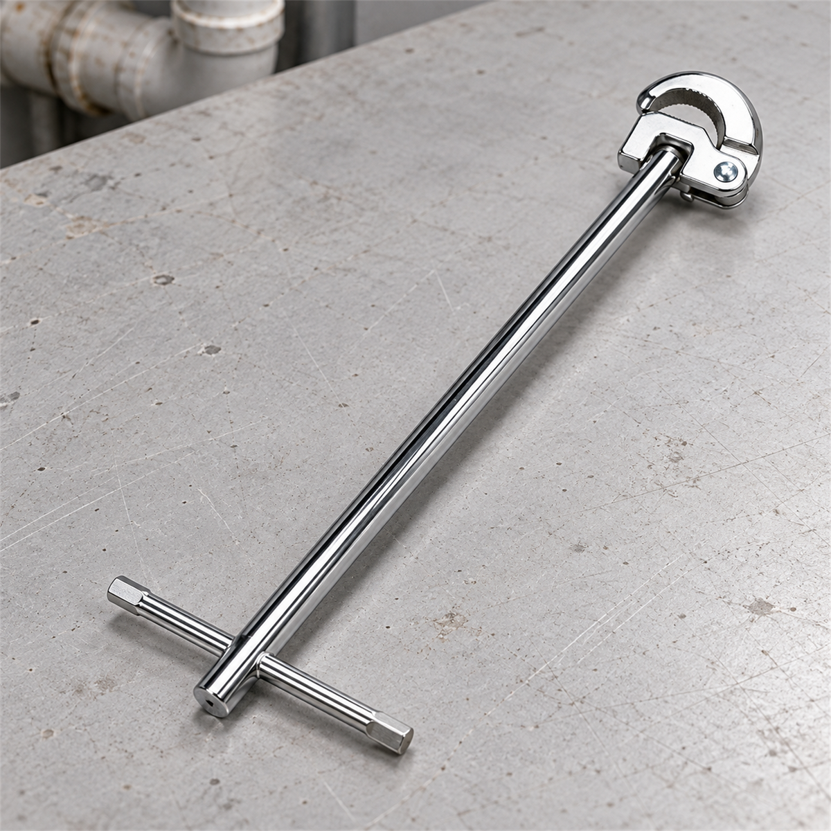 Llave metálica para plomería en taller; vista cercana