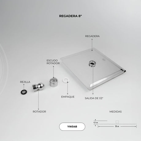 Regadera cuadrada de 8 pulgadas en acero inoxidable cromado