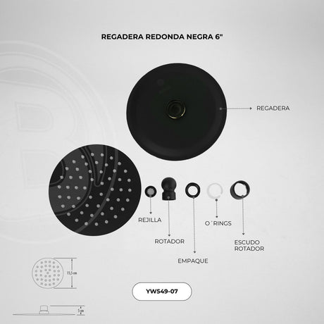 Regadera redonda de 6 pulgadas en acero inoxidable negra