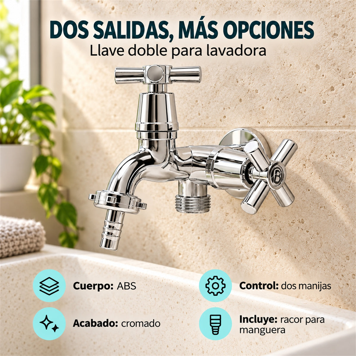 Características de la llave doble para lavadora: cuerpo ABS, acabado cromado, dos manijas y racor para manguera