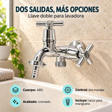Características de la llave doble para lavadora: cuerpo ABS, acabado cromado, dos manijas y racor para manguera