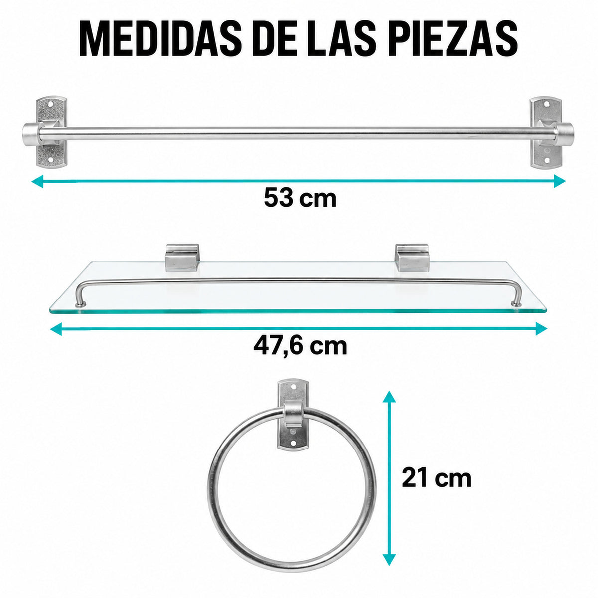 Medidas verificadas de barra, repisa y aro toallero