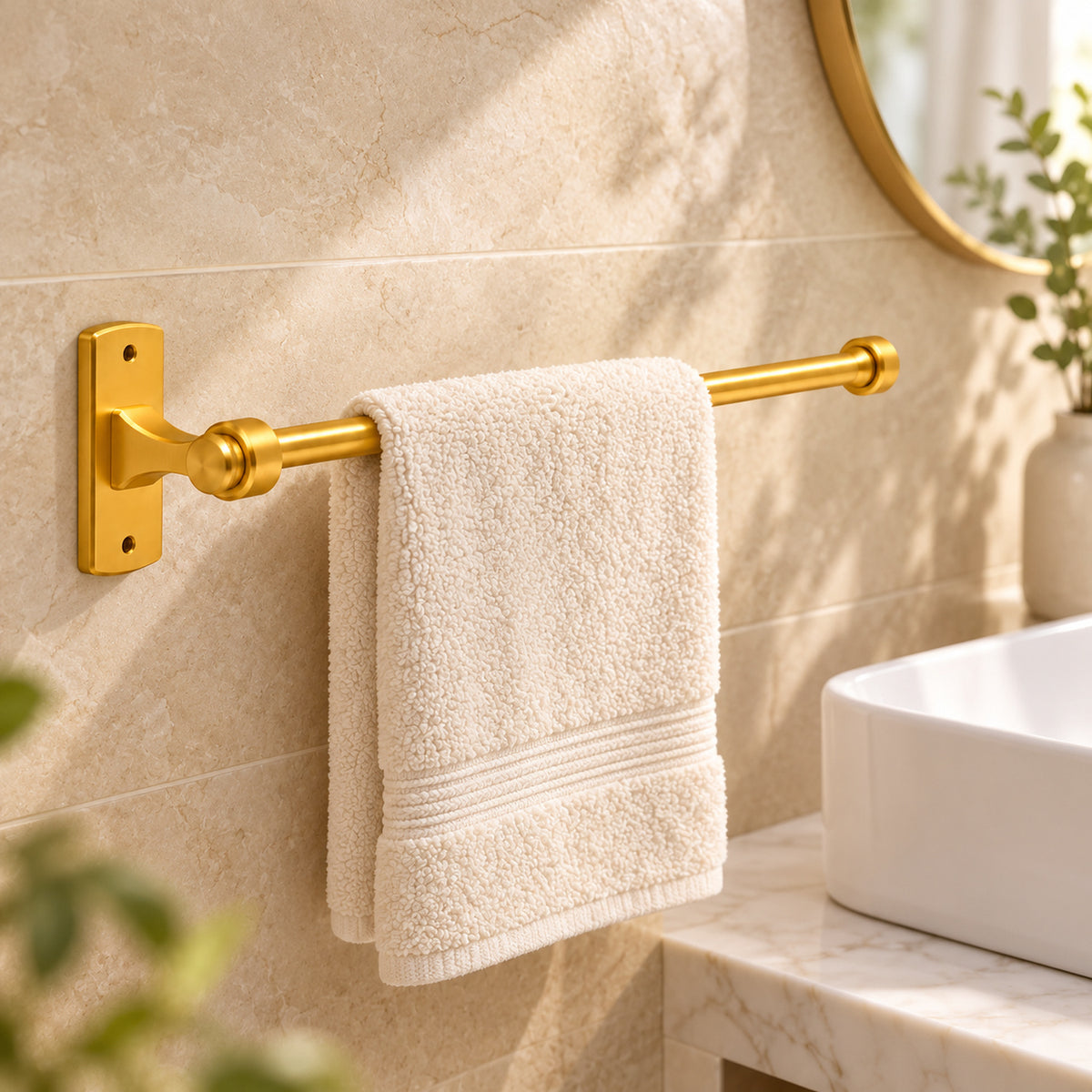 Toallero de barra para baño en aluminio dorado ambientado