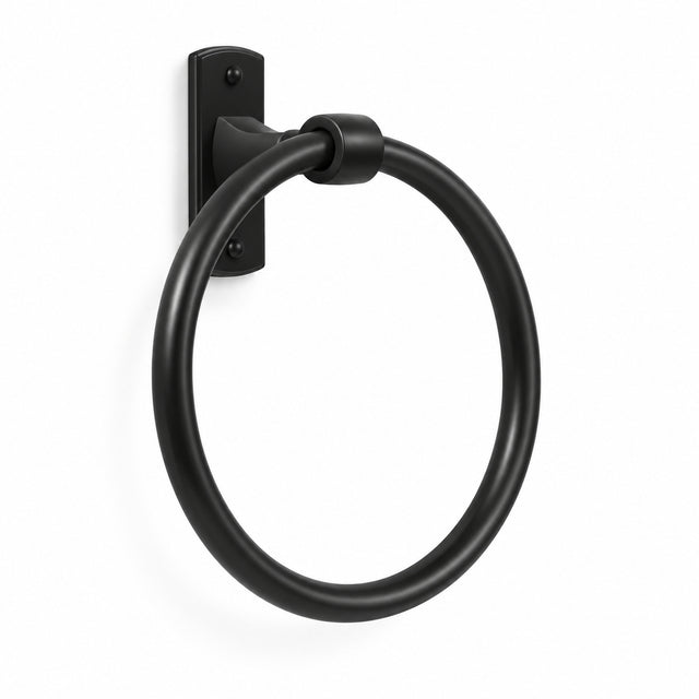 Toallero de aro para baño en aluminio negro sobre fondo blanco