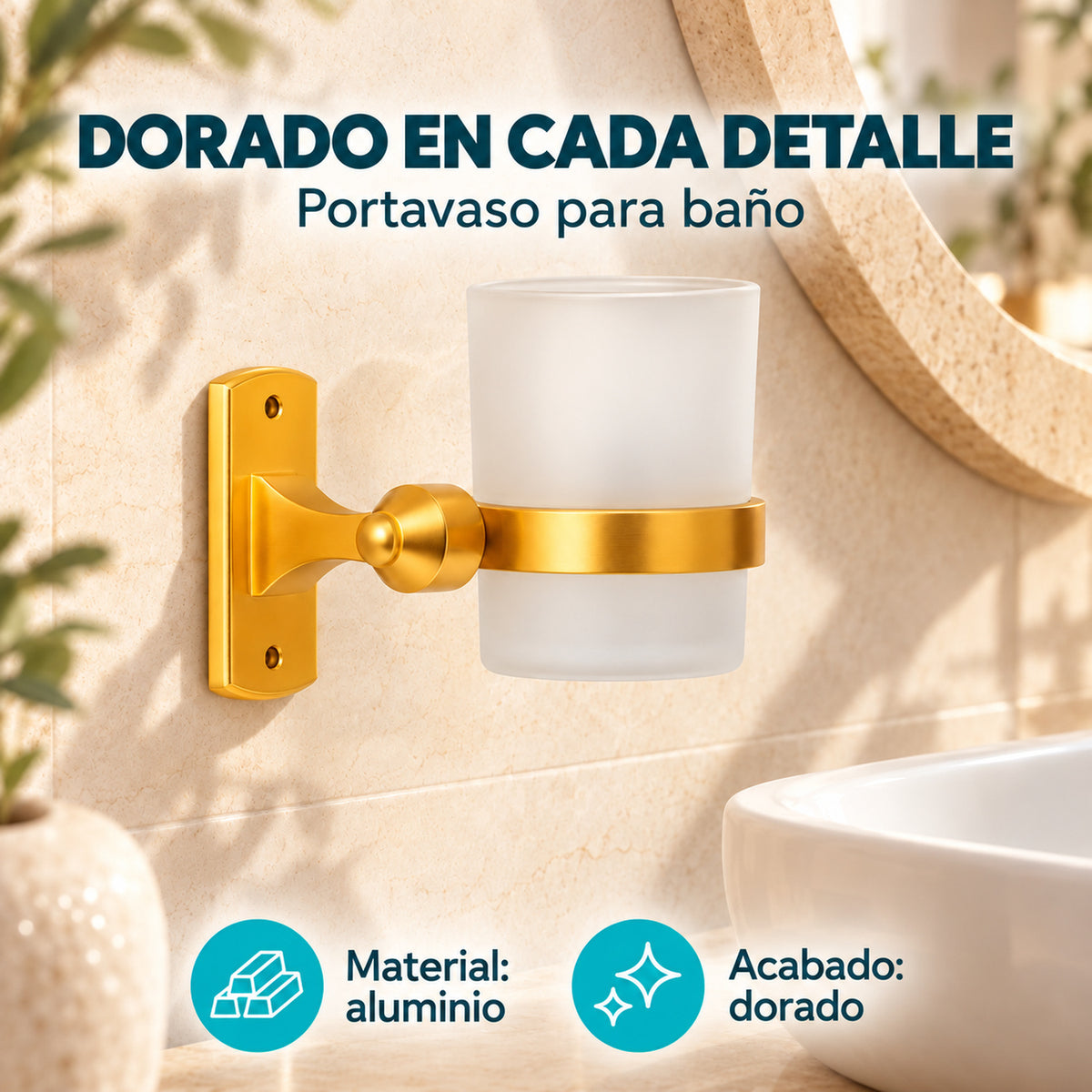 Portavaso para baño en aluminio dorado con características
