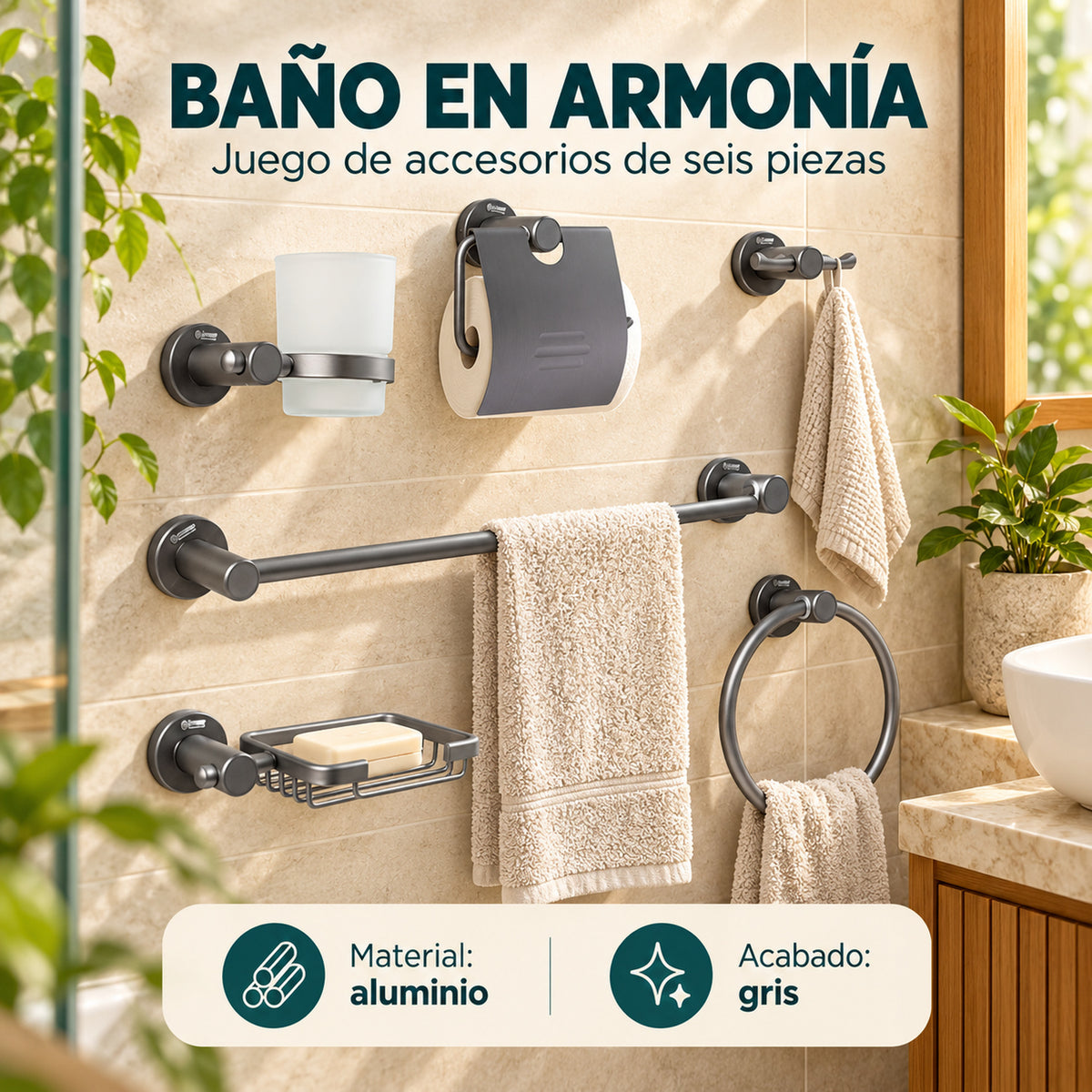Juego de Accesorios para Baño Gris de 6 Piezas — características