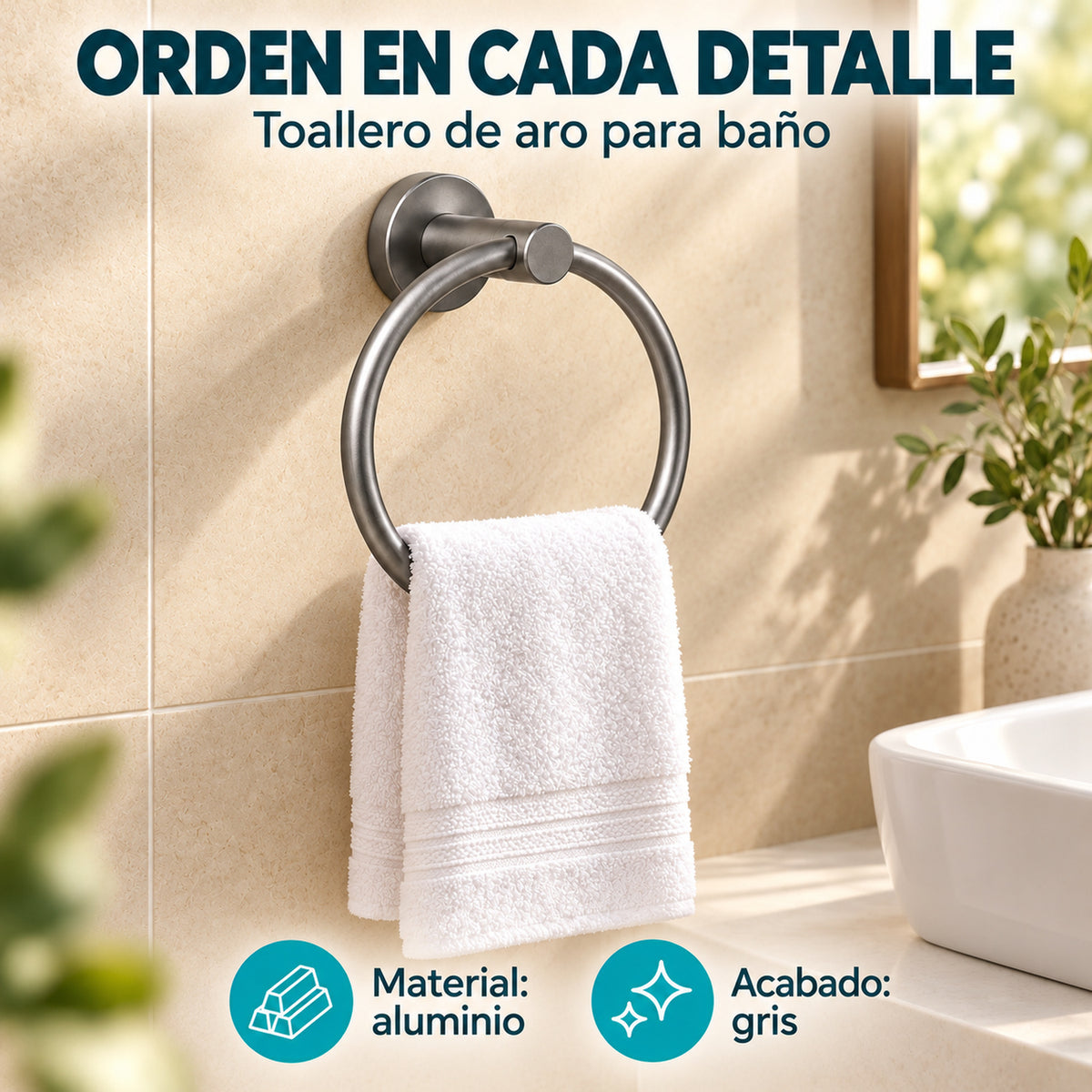 Toallero de aro para baño en aluminio gris con características