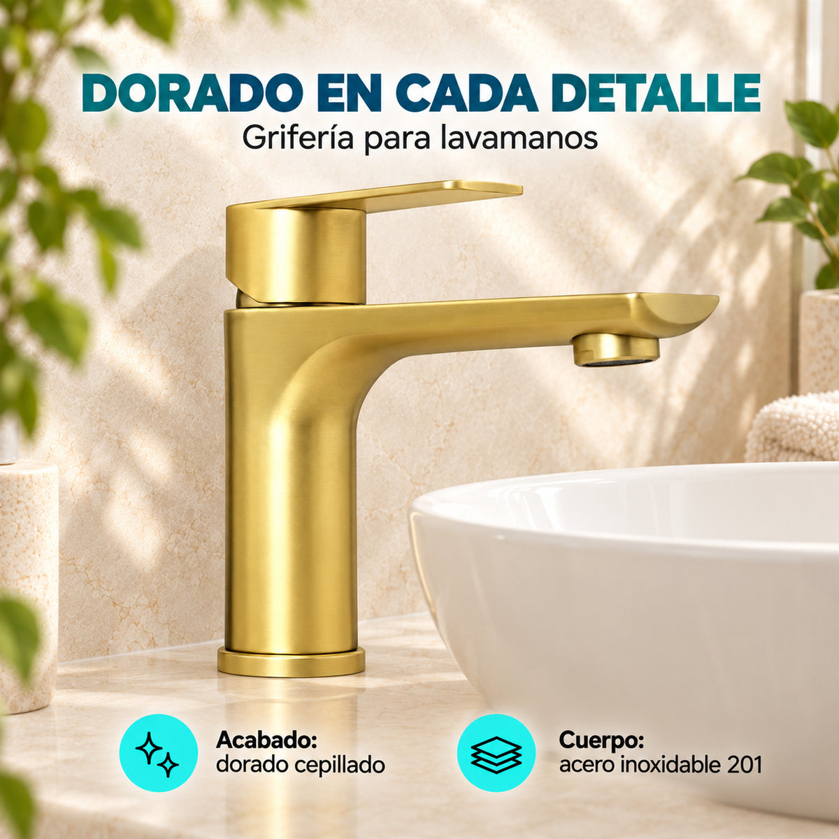 Grifería monomando para lavamanos en dorado cepillado con características