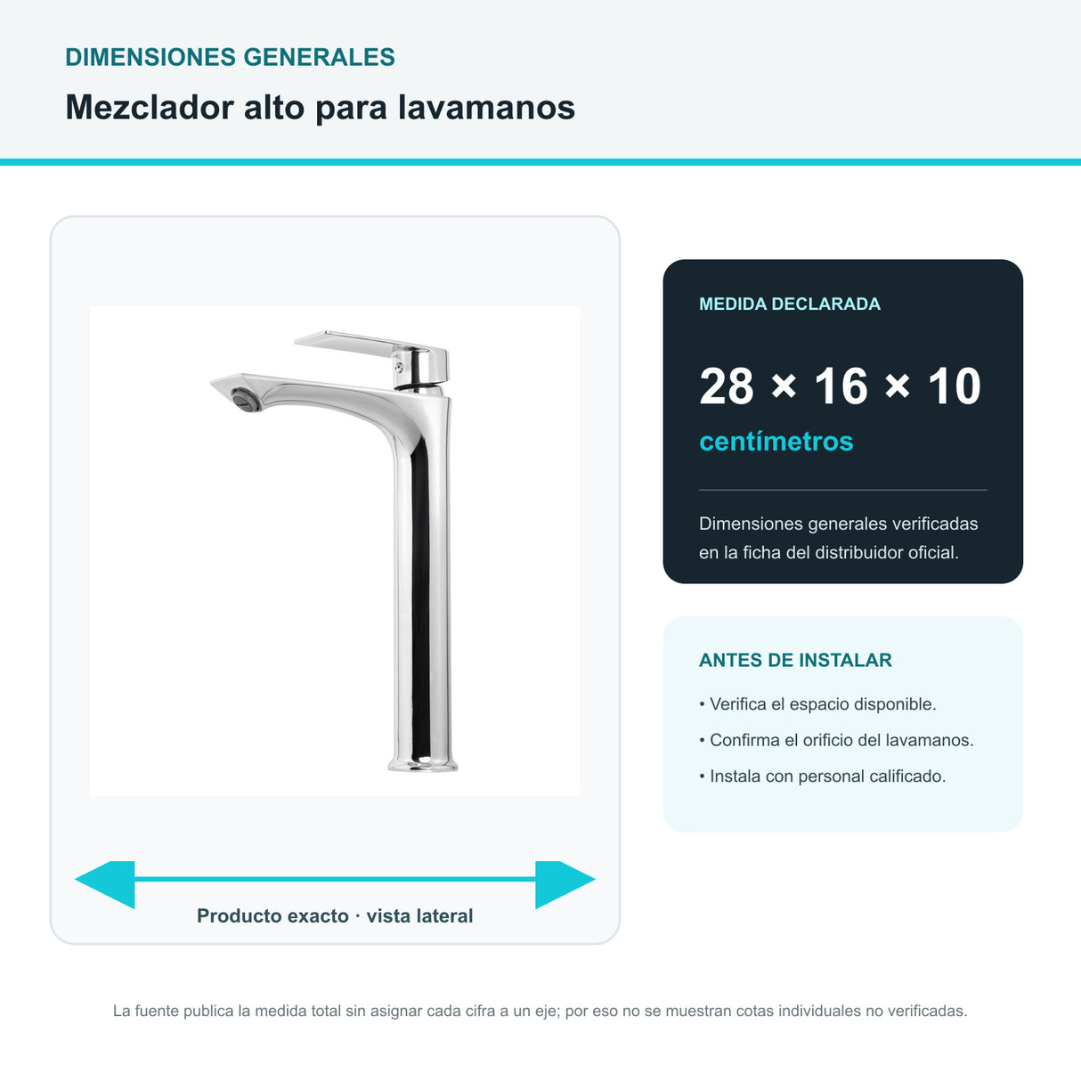 Dimensiones generales verificadas del mezclador alto cromado para lavamanos