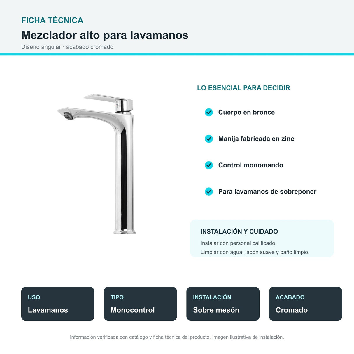Ficha técnica del mezclador alto cromado para lavamanos