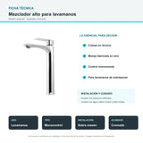 Ficha técnica del mezclador alto cromado para lavamanos
