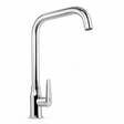 Llave cromada para lavaplatos con cuello angular y palanca lateral sobre fondo blanco