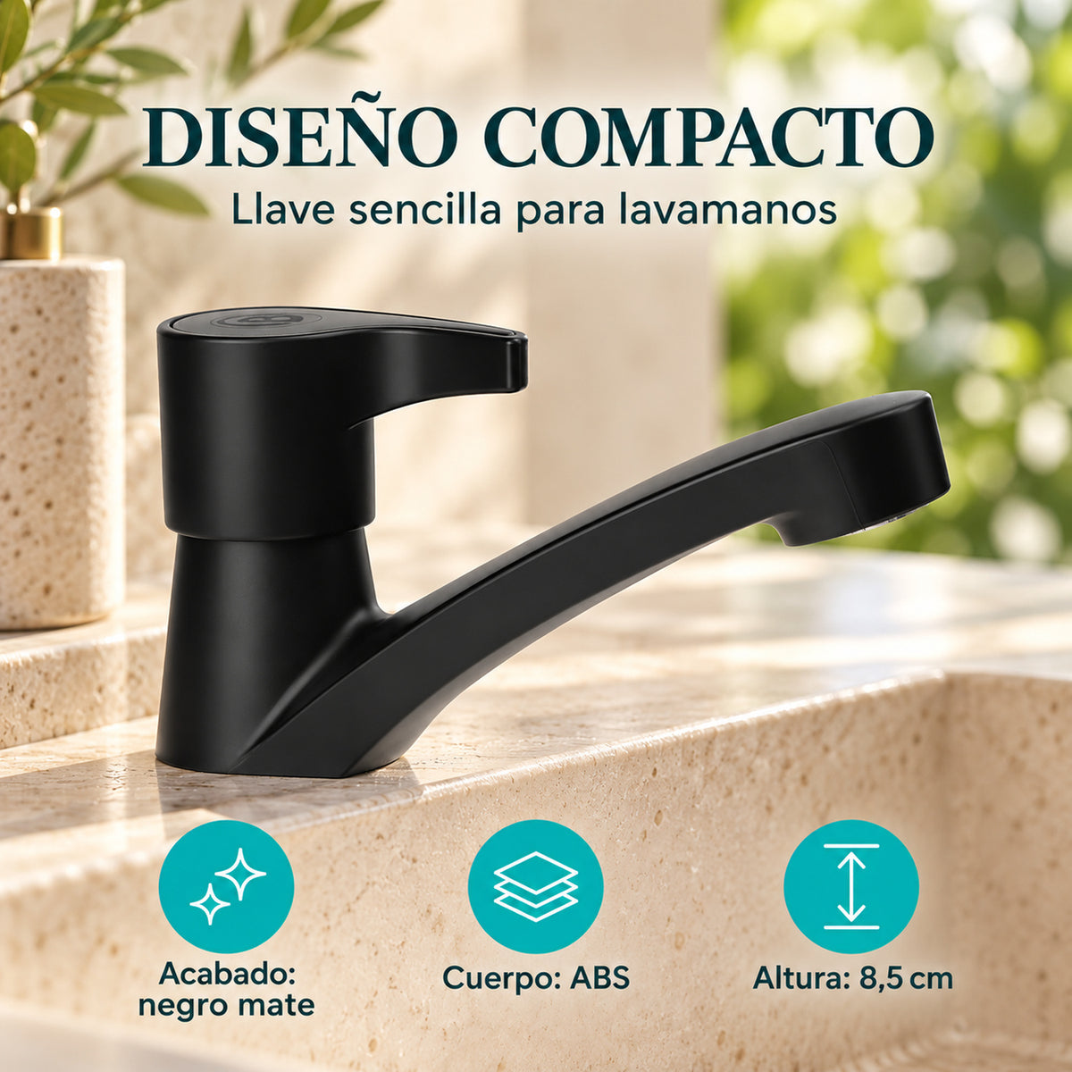Llave Sencilla Baja para Lavamanos Negro Mate 13 cm — características
