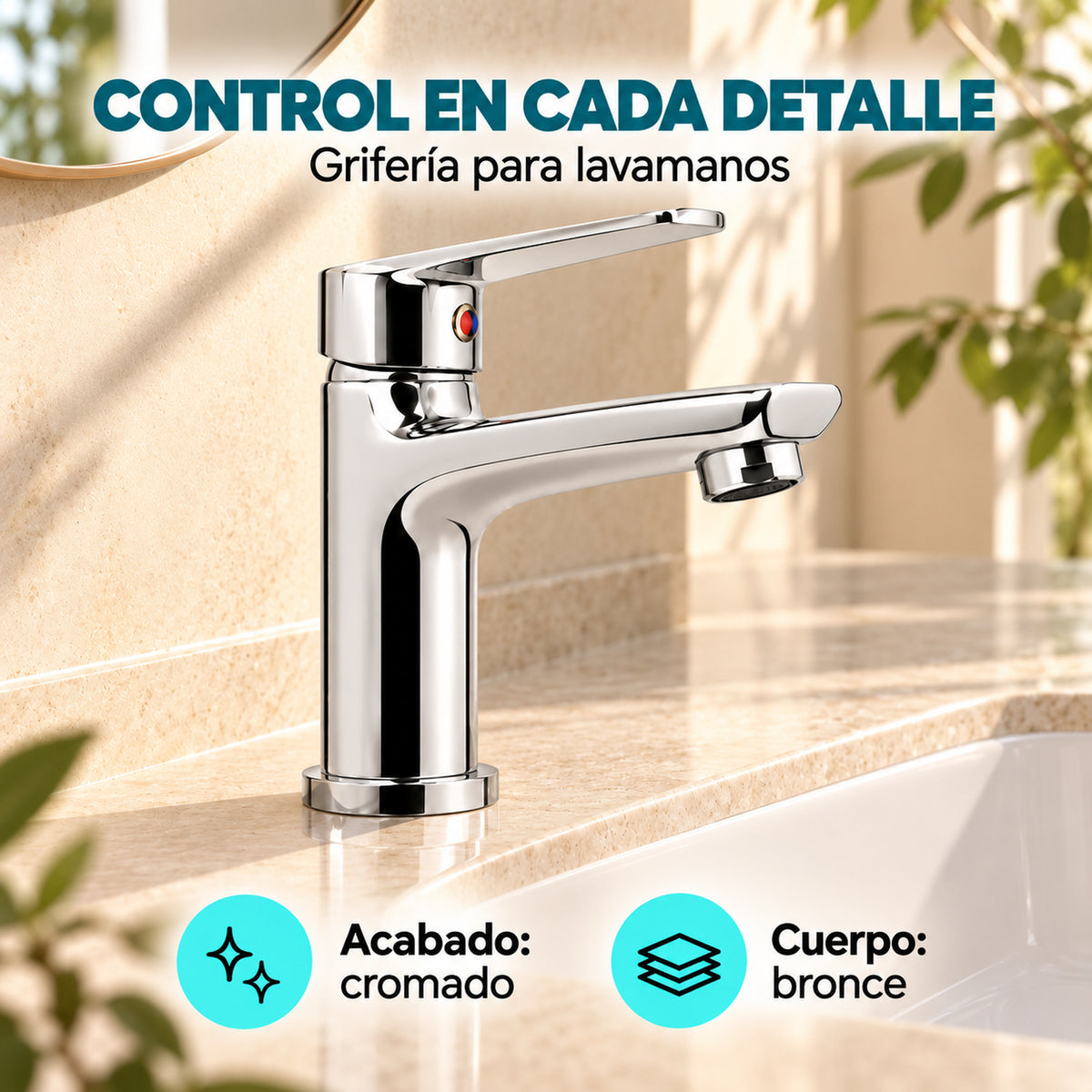 Grifería monomando para lavamanos en bronce cromado con características