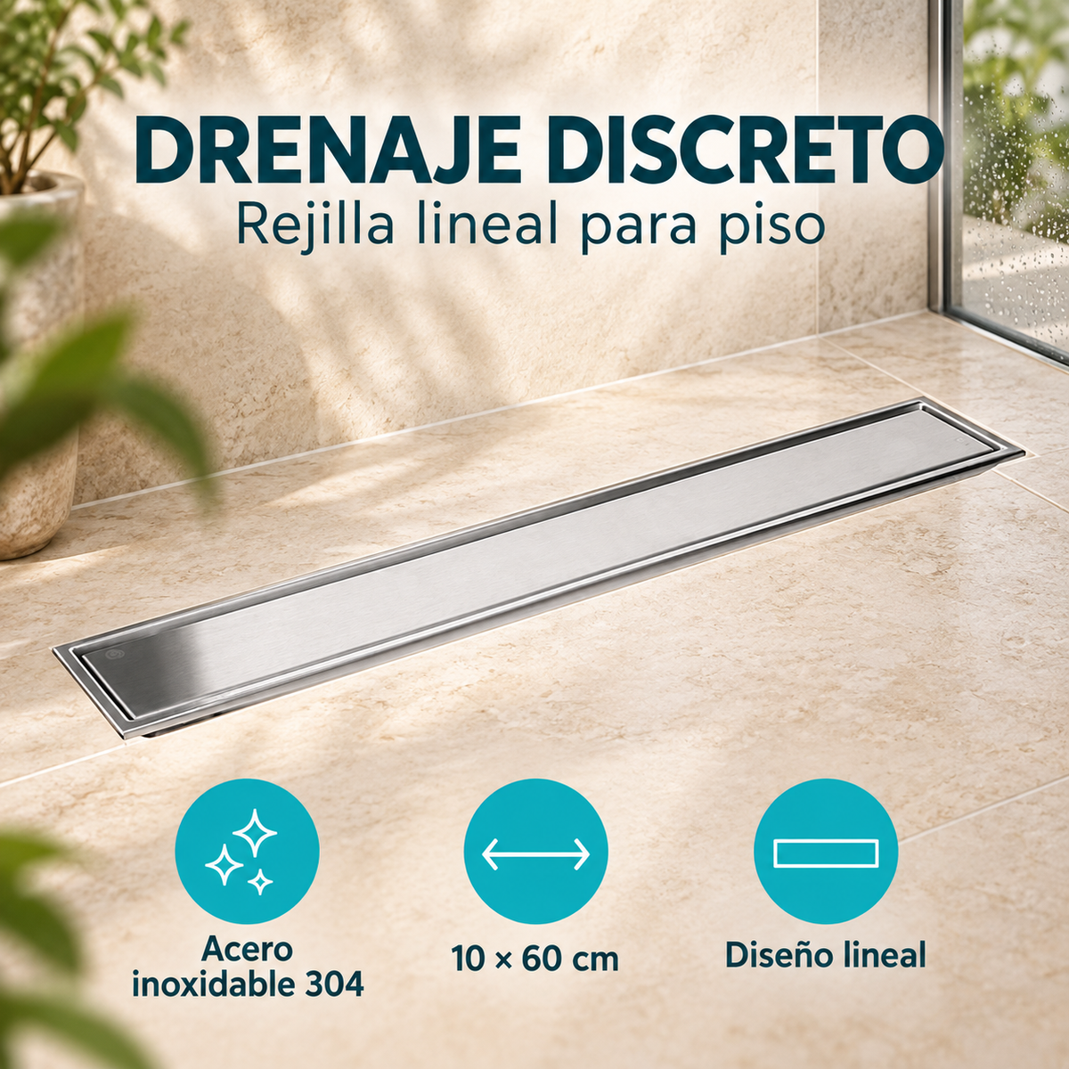Rejilla lineal de acero inoxidable en ambiente de baño