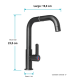 Medidas de la llave negra: alto 23,5 cm, largo 19,8 cm, base 4 cm y conexión nominal de media pulgada
