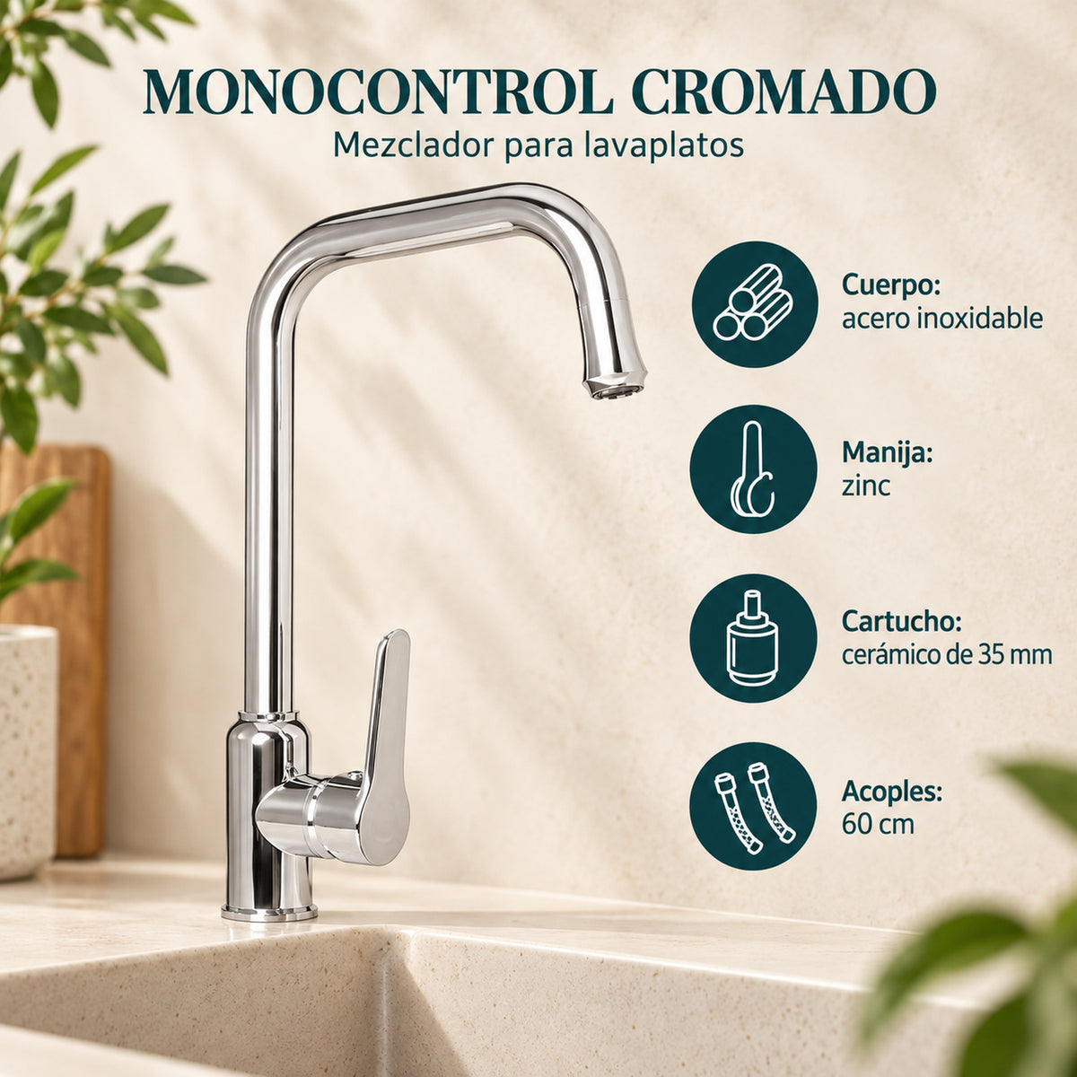 Mezclador Monocontrol Alto Cromado con Acoples de 60 cm - información del producto 4