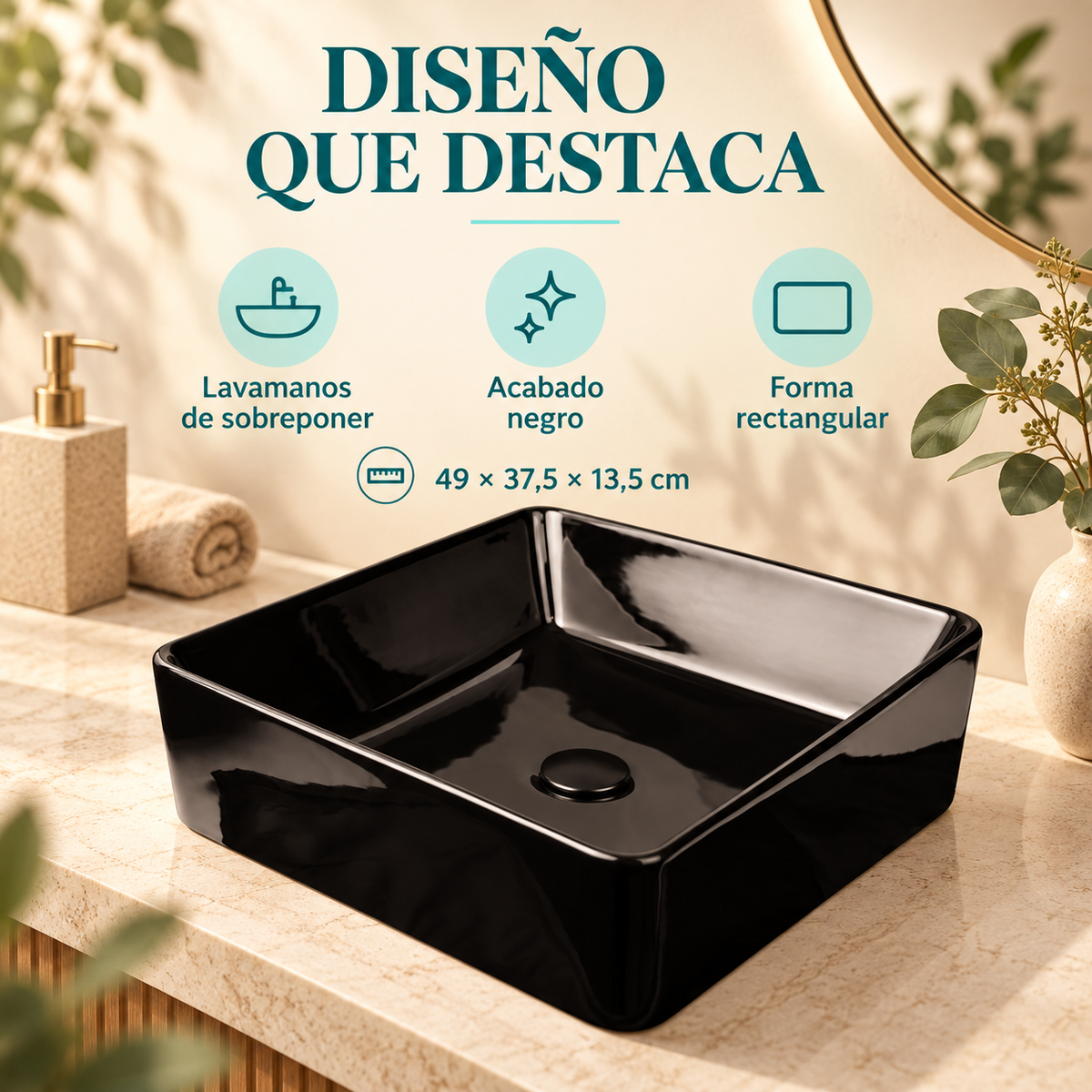 Características del lavamanos rectangular negro