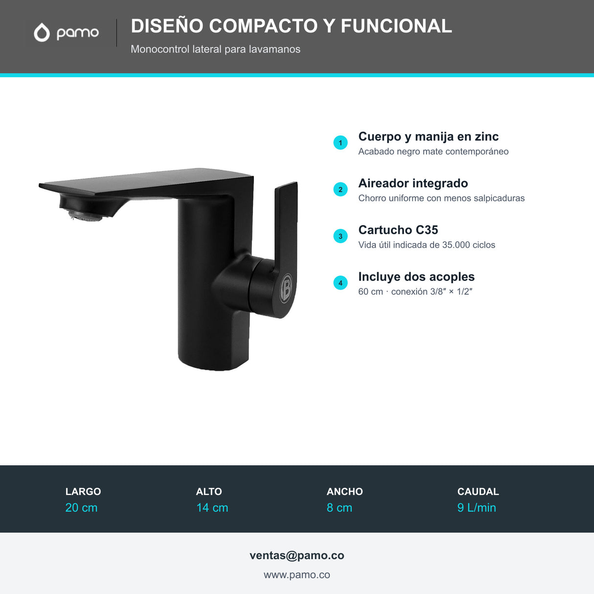 Ficha técnica del mezclador bajo para lavamanos
