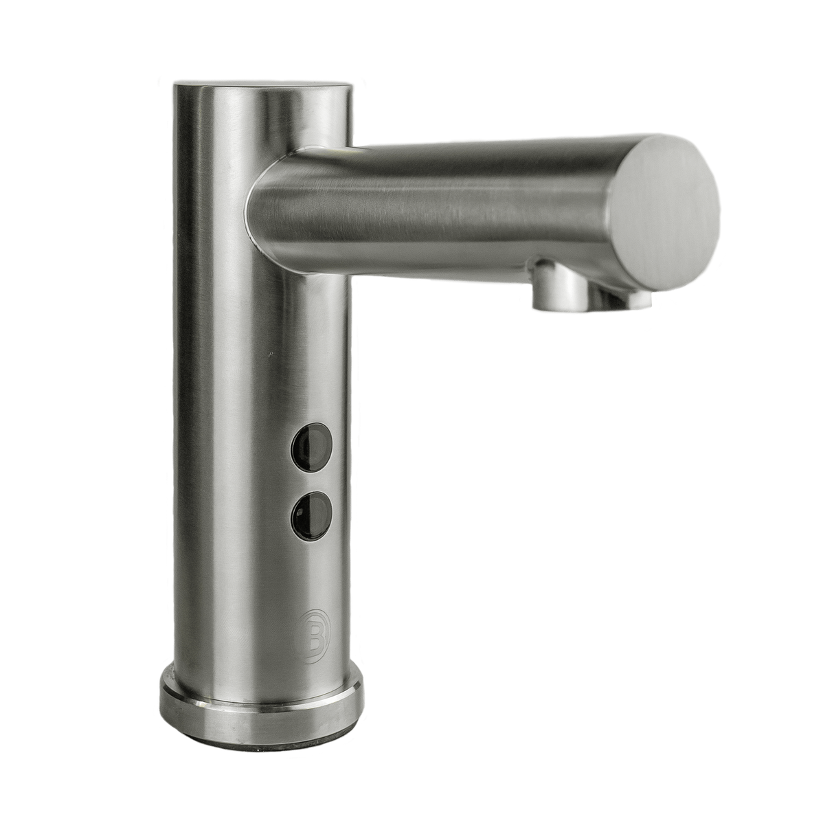 Grifería automática de sensor en acero inoxidable satinado, vista frontal