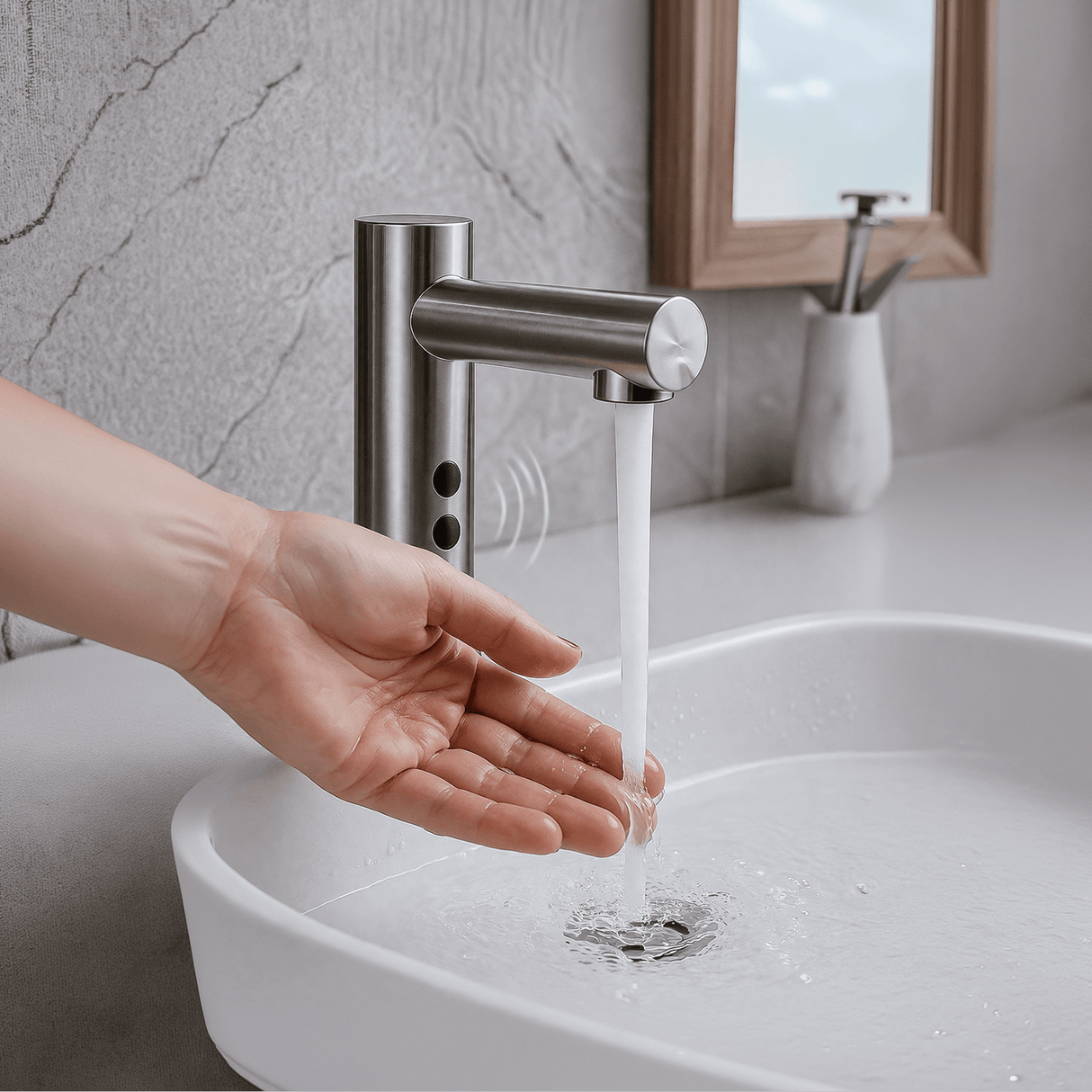 Grifería automática en uso con activación de agua sin contacto