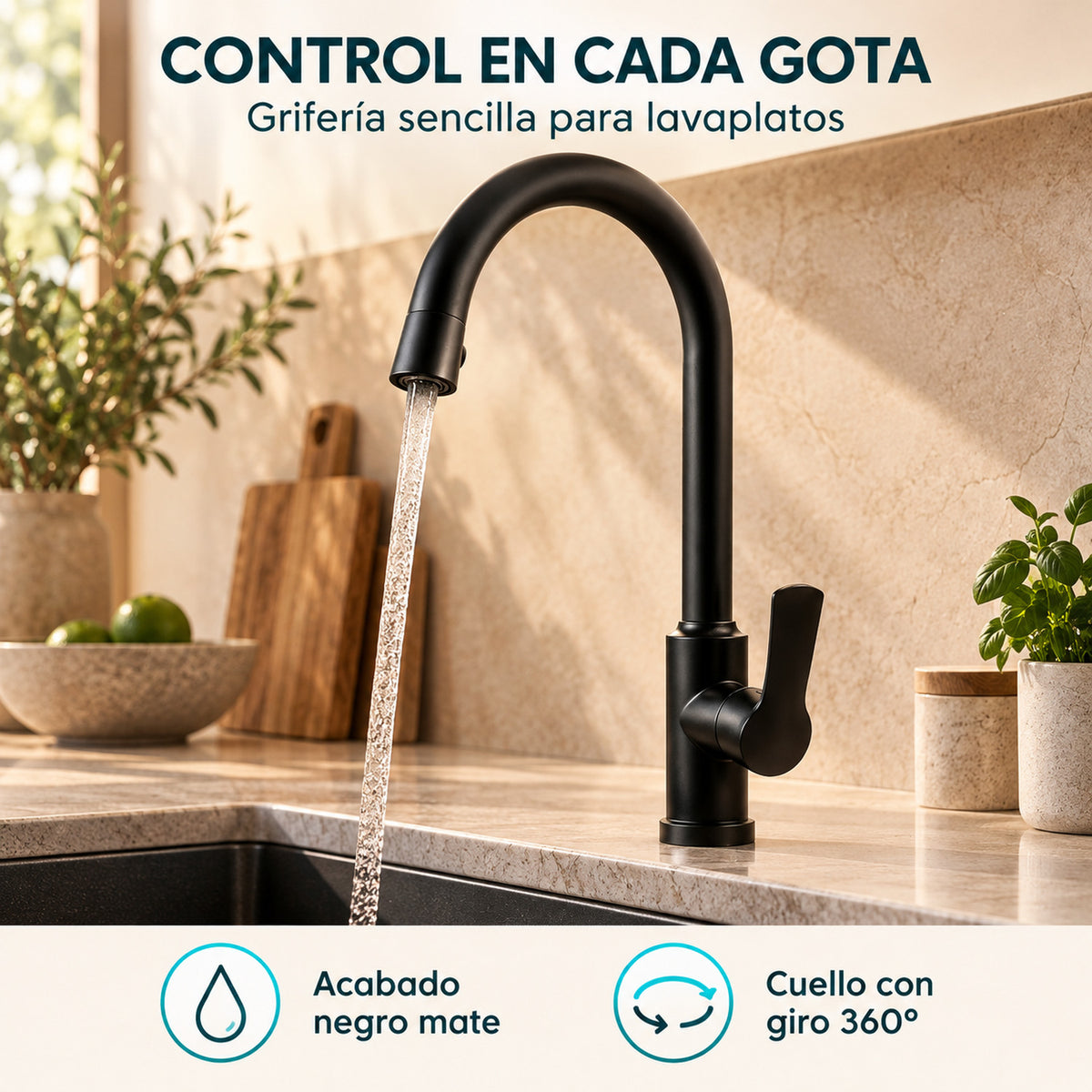 Grifería Sencilla Negra Para Lavaplatos Con Giro 360° — características