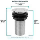 Medidas del desagüe push: brida 6,2 cm, altura total 11 cm y altura desde la brida 9,5 cm