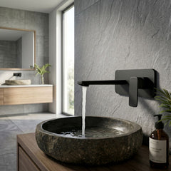 Grifería Lavamanos de Pared Negra Cuadrada Monocontrol | Diseño Moderno Mate