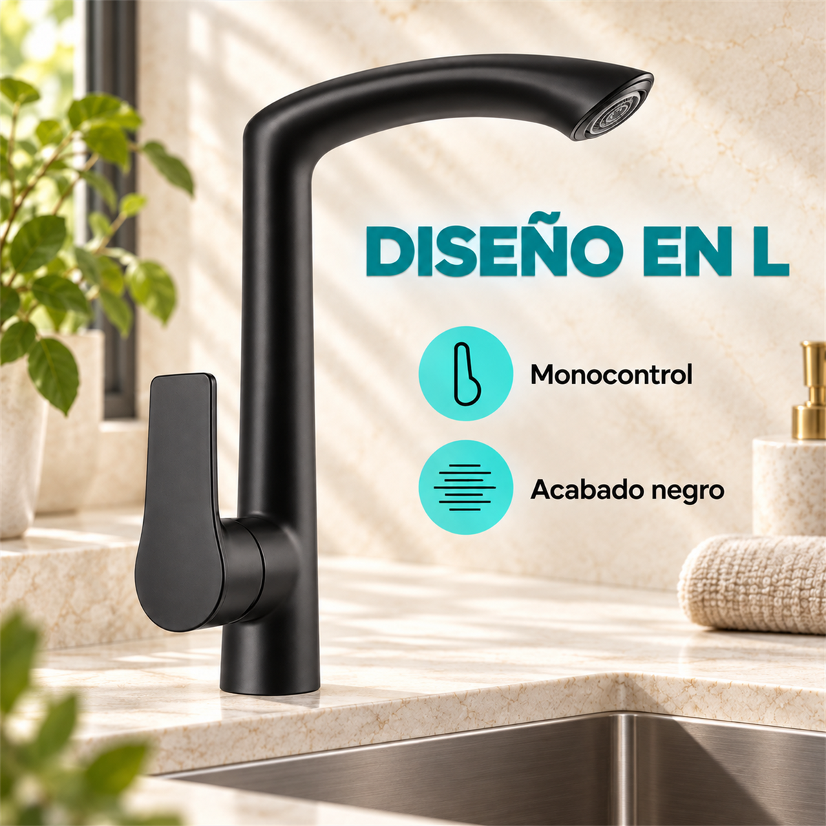 Características de Grifería Monocontrol Para Lavaplatos Negra Diseño En L