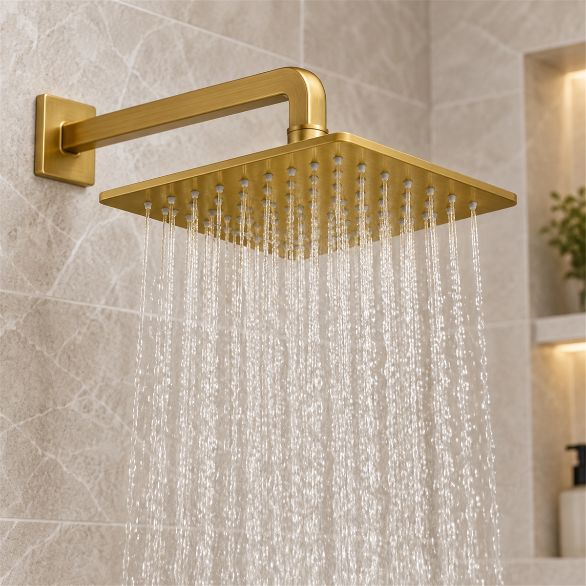 Regadera cuadrada bronce funcionando en baño