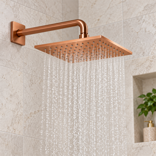 Regadera cuadrada en acabado cobre funcionando en un baño