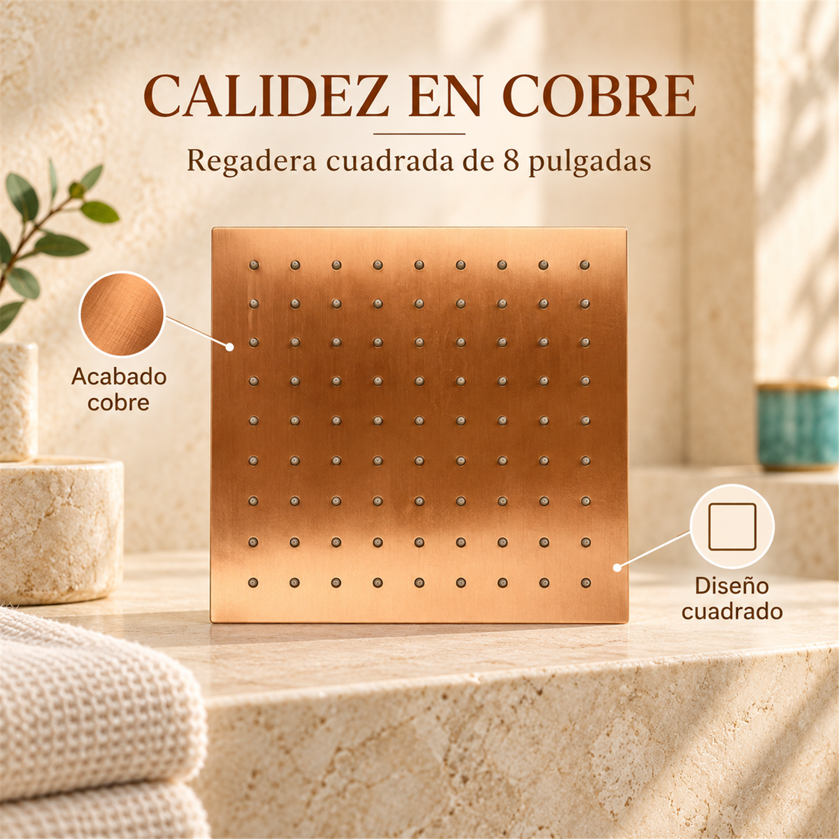 Detalle comercial de regadera cuadrada color cobre