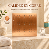 Detalle comercial de regadera cuadrada color cobre
