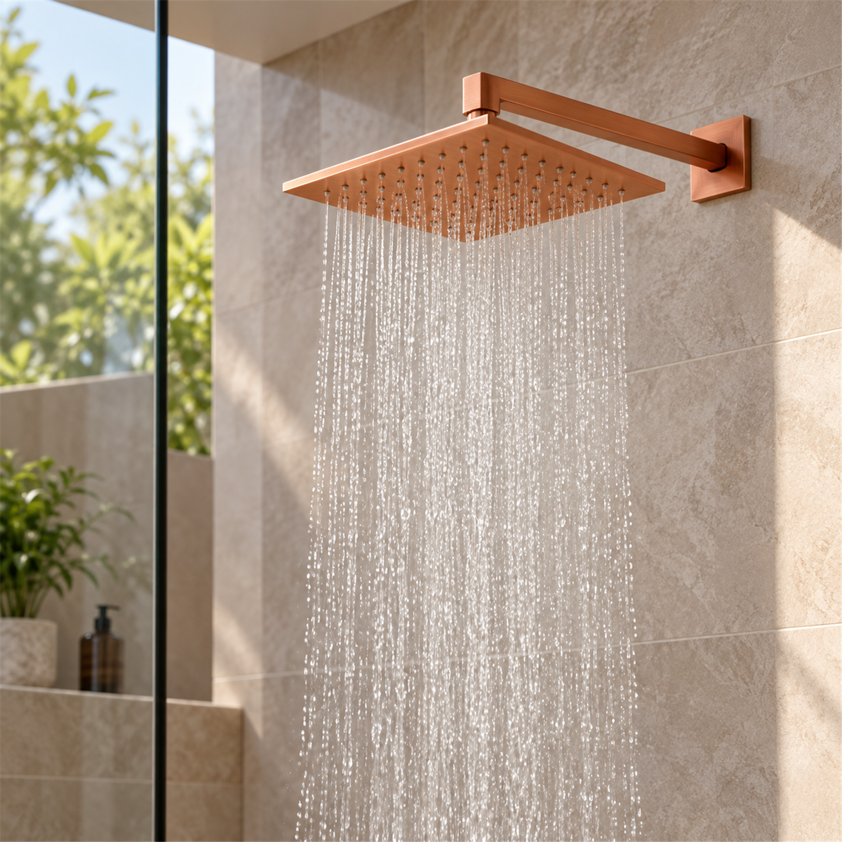 Regadera cobre instalada en ducha contemporánea