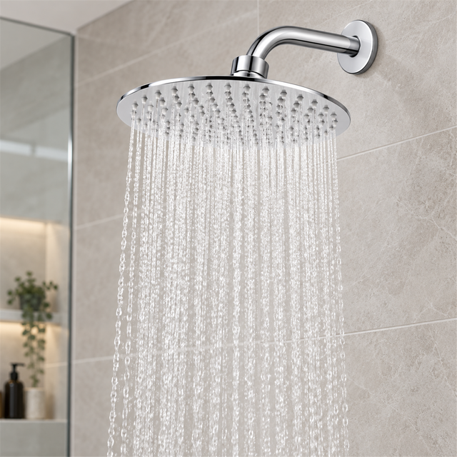 Regadera redonda cromada instalada en ducha con agua