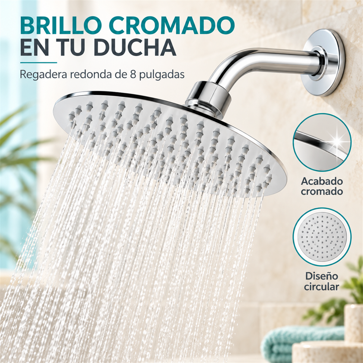 Detalle comercial de regadera redonda cromada