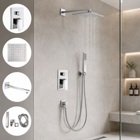 Combo Ducha Cromada Monocontrol + Regadera 20 × 20 cm + Brazo 40 cm + Teleducha