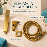 Detalle comercial de teleducha dorada con manguera y soporte
