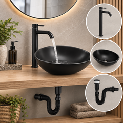 Combo Lavamanos Canoa Negro 41 x 33,5 x 14 cm con Llave Alta Pico Curvo, Desagüe Push y Sifón Flexible