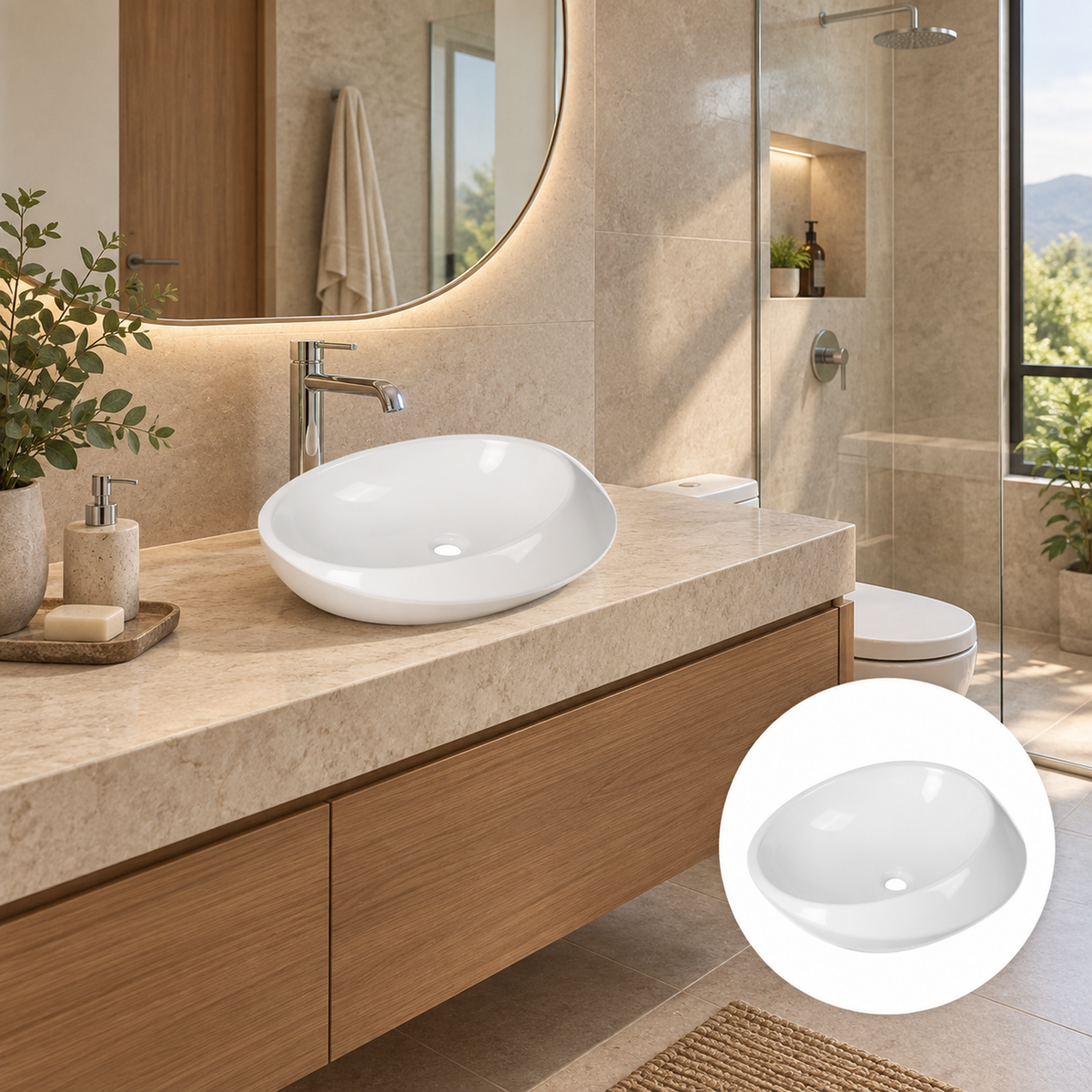 Lavamanos Apolo blanco en baño contemporáneo, vista amplia