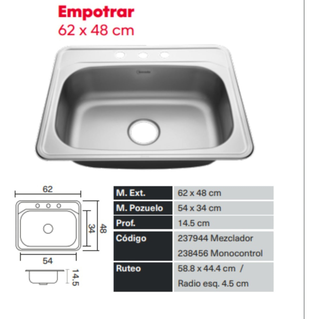 Lavaplatos Acero Inoxidable 62x48, Socoda
