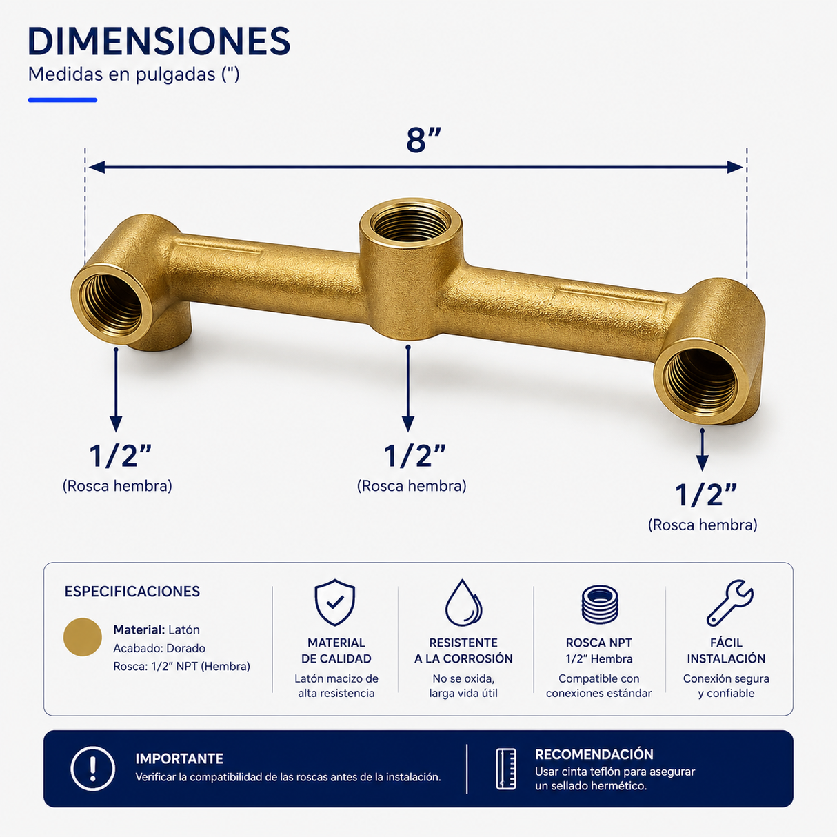 Cuerpo Universal para Ducha 8 Pulgadas en Bronce Rosca NPT 1/2” | Conexión Universal Alta Resistencia