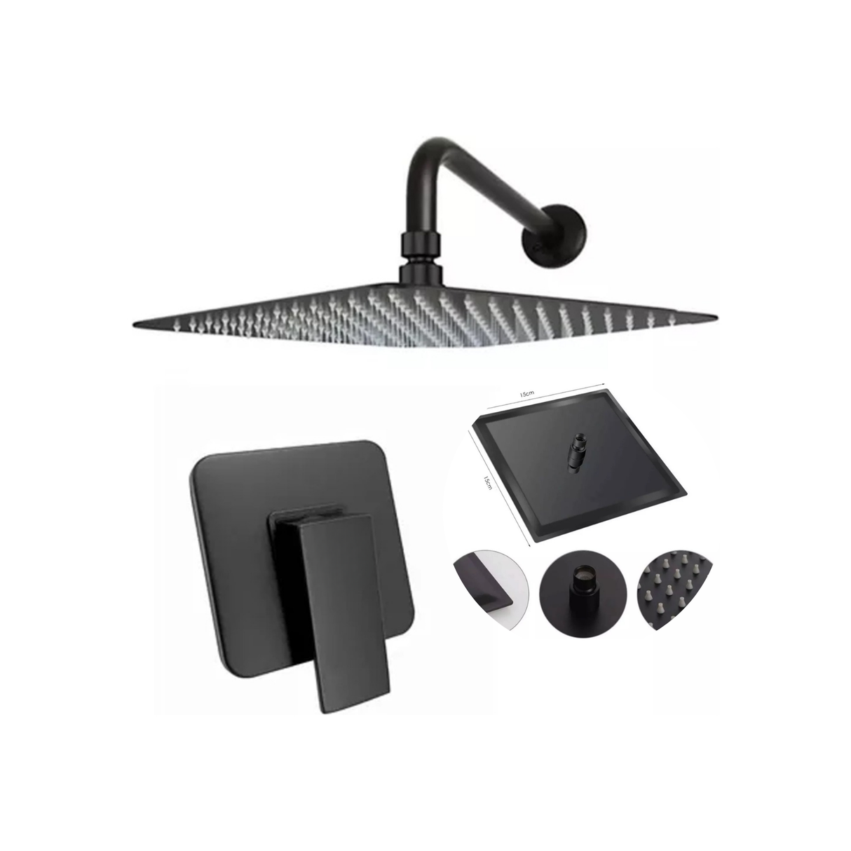Kit Ducha Cuadrada De 15cm + Monocontrol Cuadrado Negro Mate