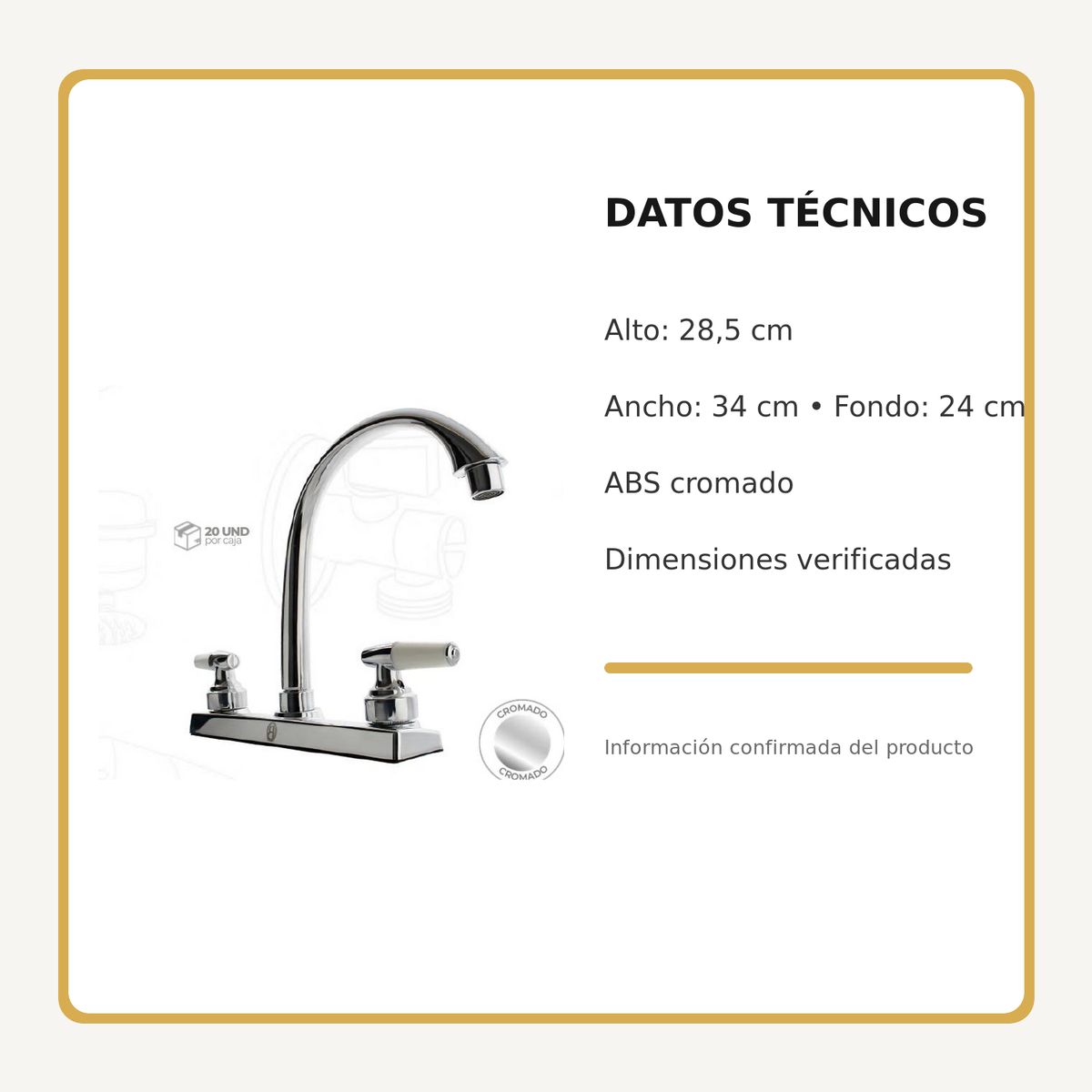 Mezclador de cocina 8 pulgadas en ABS cromado con manijas palanca, medidas y datos técnicos