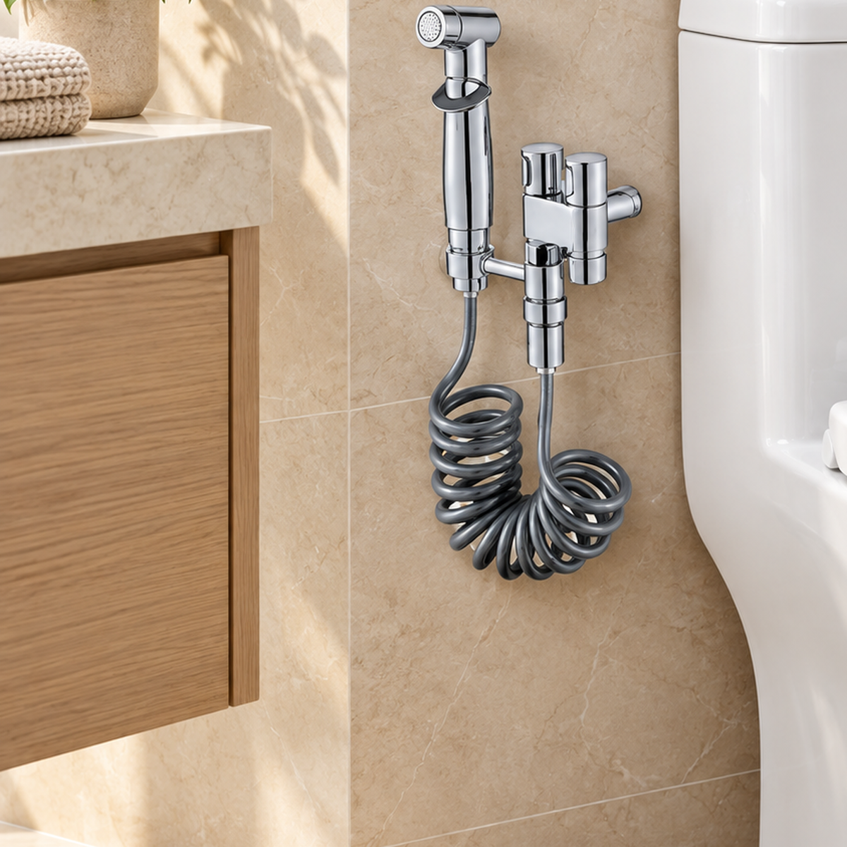 Ducha bidet cromada, ambientación cercana