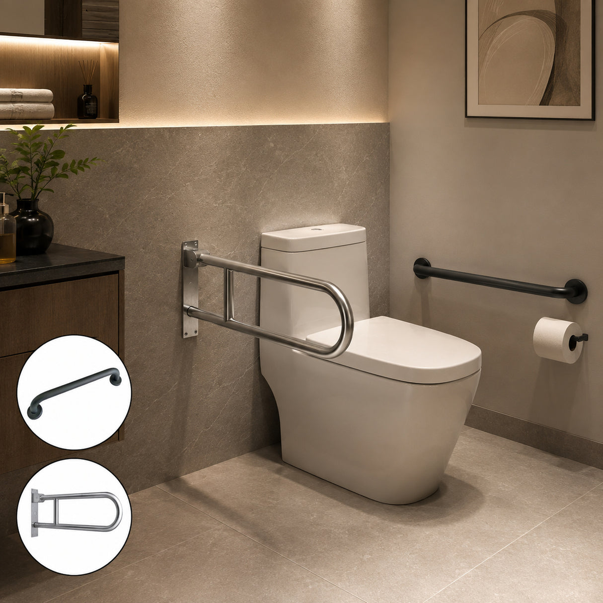 Juego Barras de Seguridad para Baño Acero Inoxidable Satinado 40 cm + Abatible 70 cm