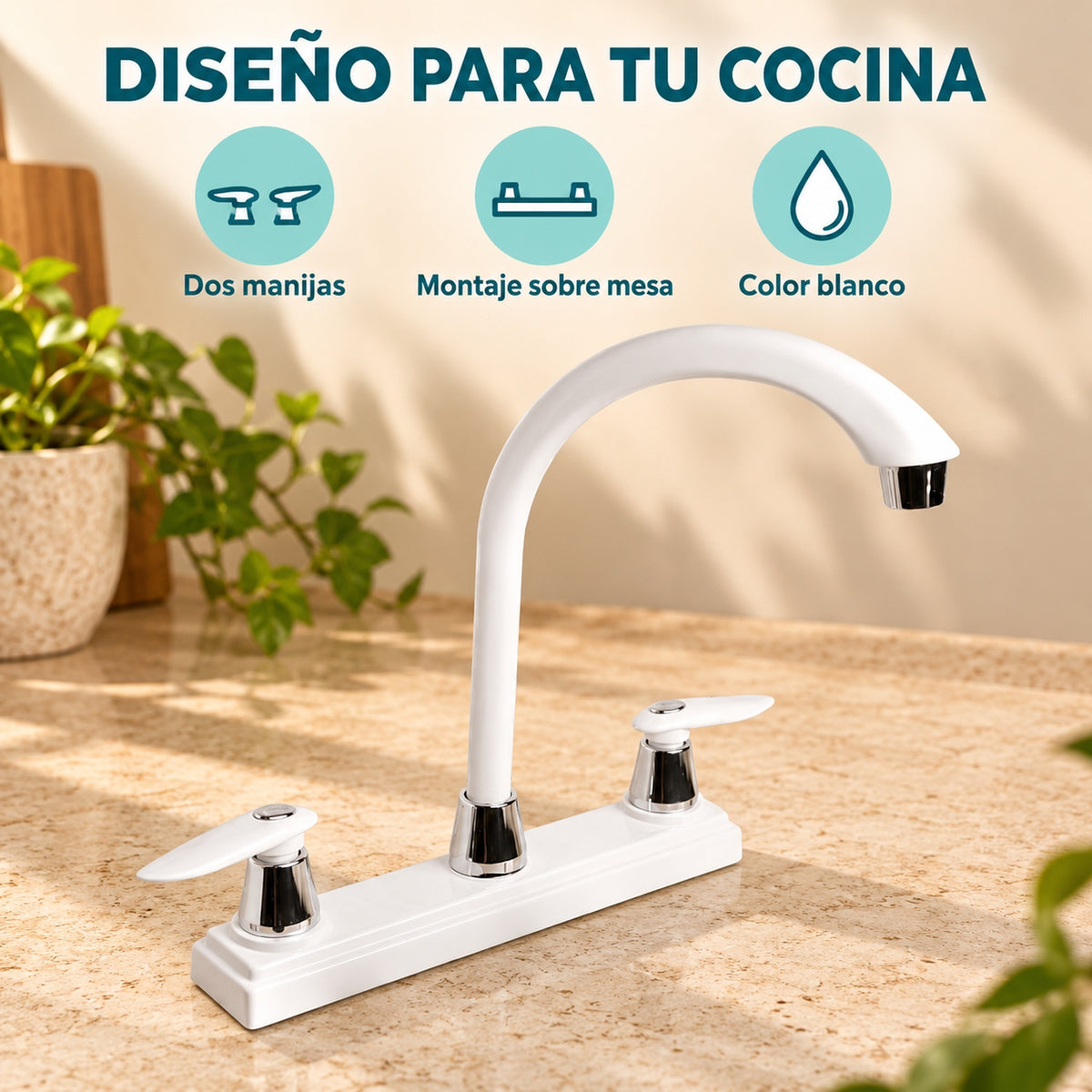 Mezclador blanco para cocina con dos manijas — características